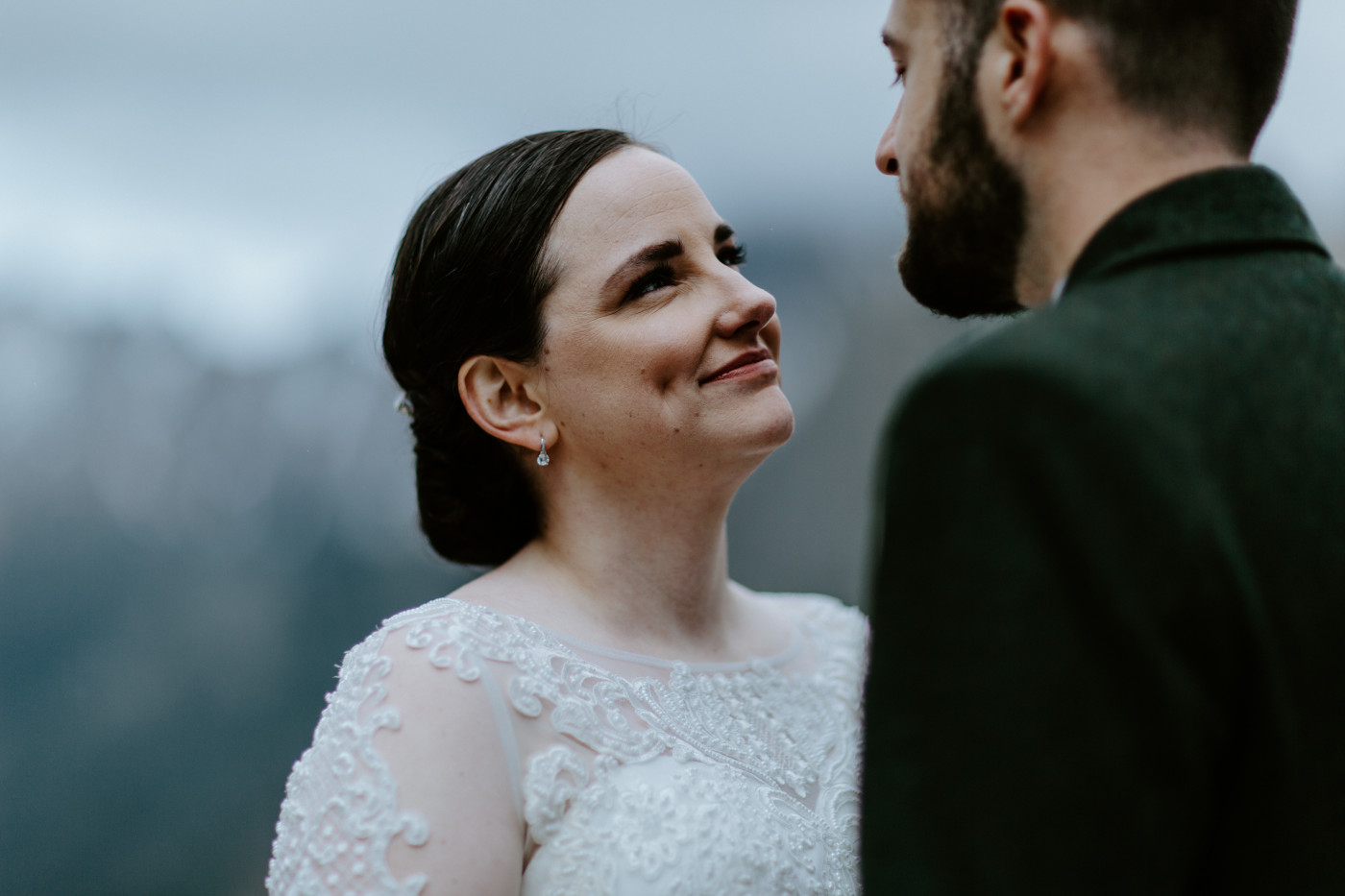Elizabeth and Alex smile at each other. Elopement photography at North Cascades National Park by Sienna Plus Josh.