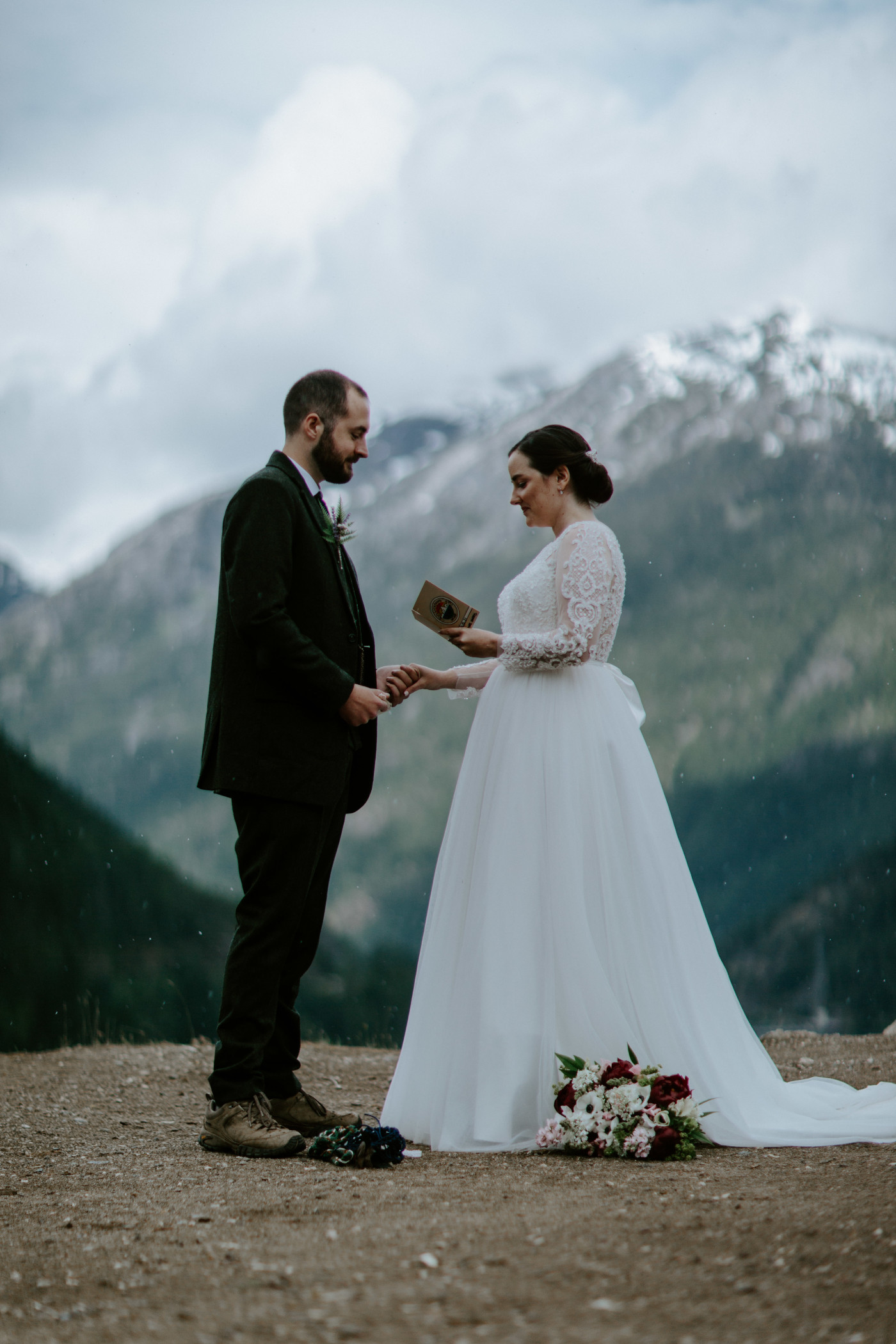 Elizabeth and Alex stand together at Diablo Lake Overlook. Elopement photography at North Cascades National Park by Sienna Plus Josh.