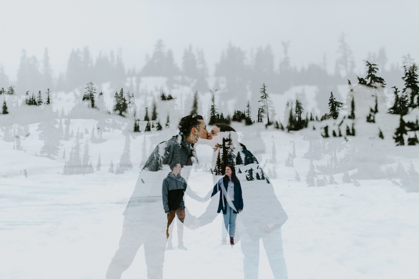 Taylor and Kyle hold hands and kiss. Elopement photography at North Cascades National Park by Sienna Plus Josh.