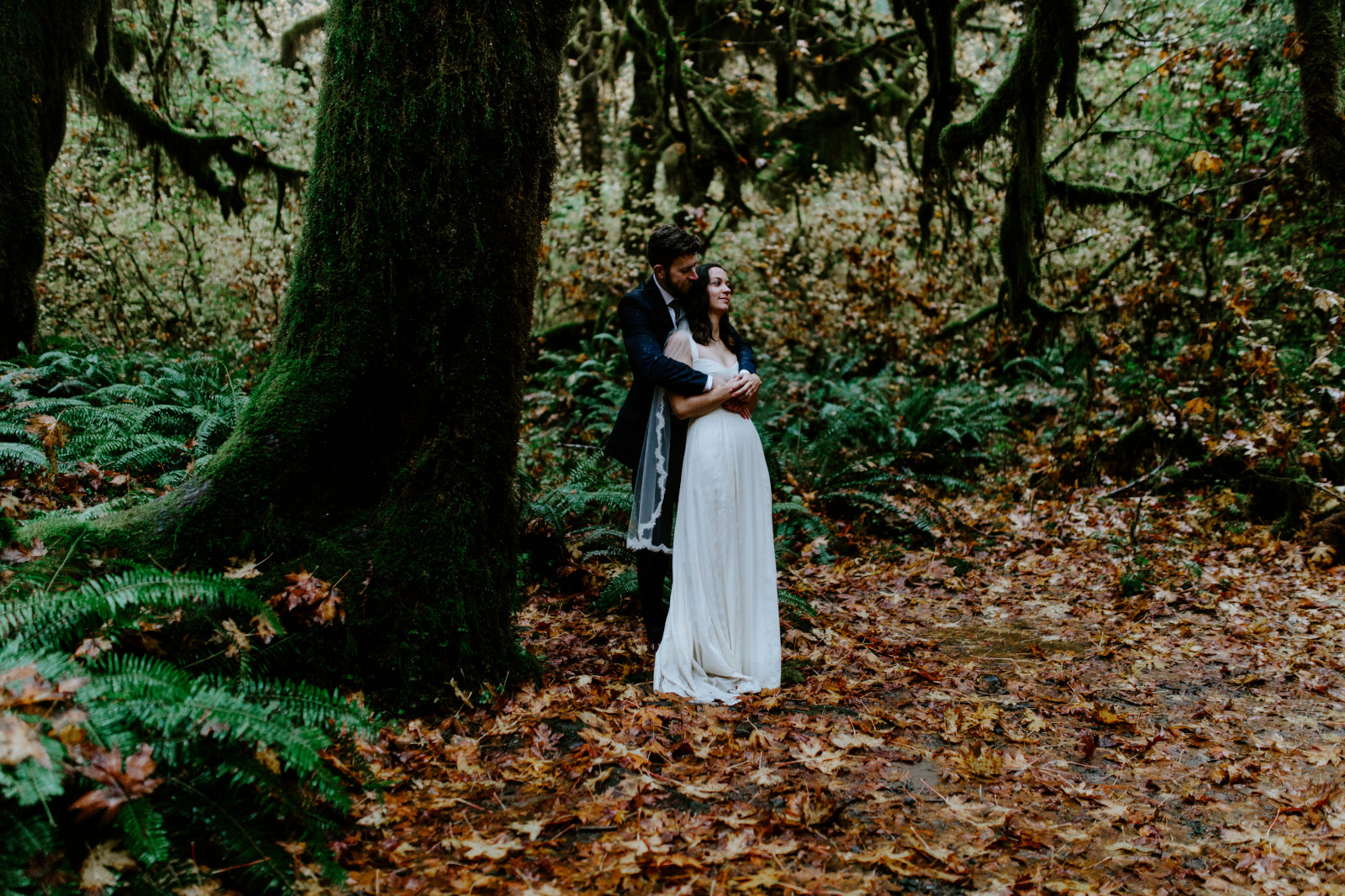 Corey hugs Mollie next to a tree. Elopement photography in the Olympic National Park by Sienna Plus Josh.