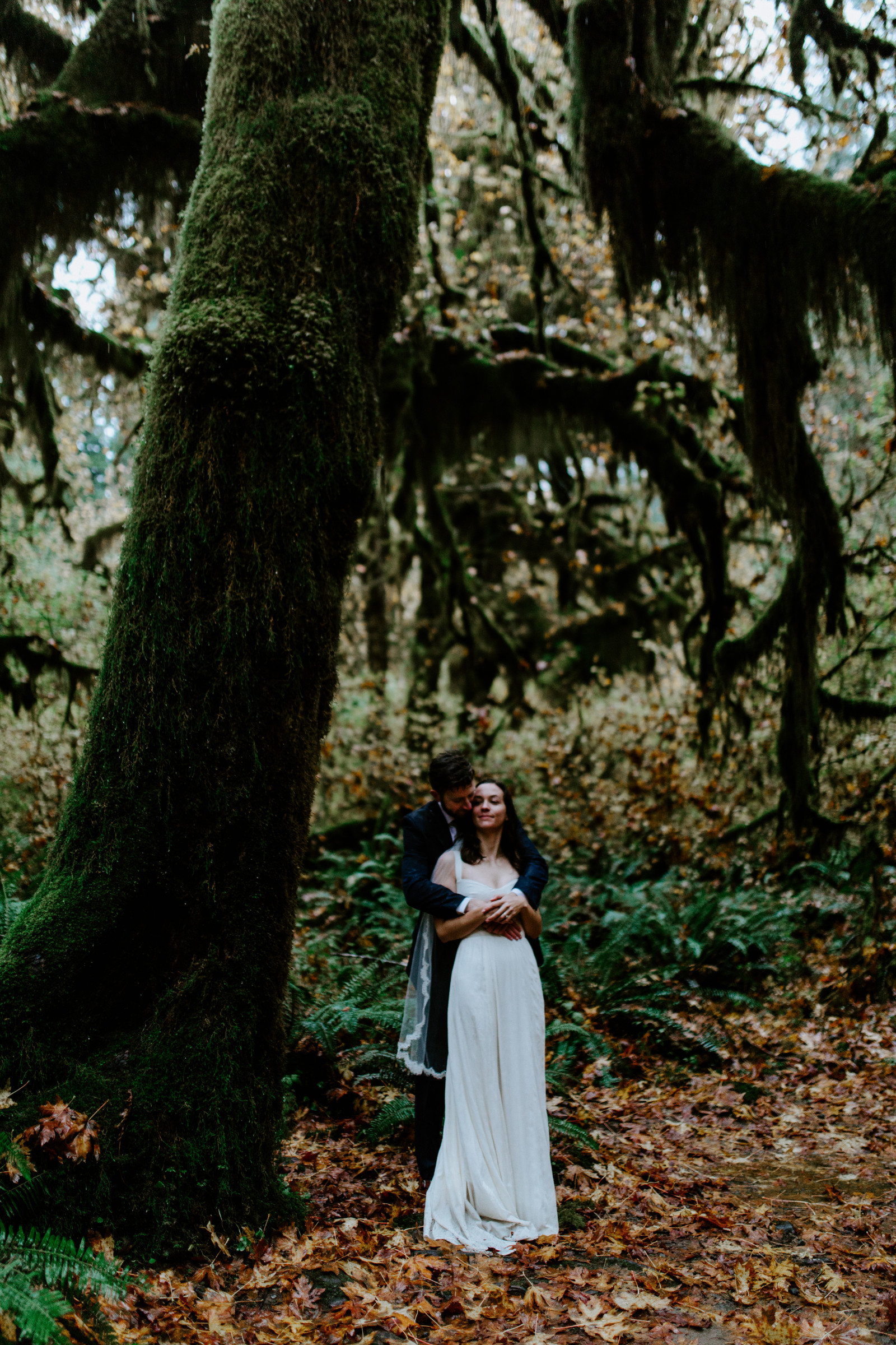 Corey and Mollie stand under a tree. Elopement photography in the Olympic National Park by Sienna Plus Josh.