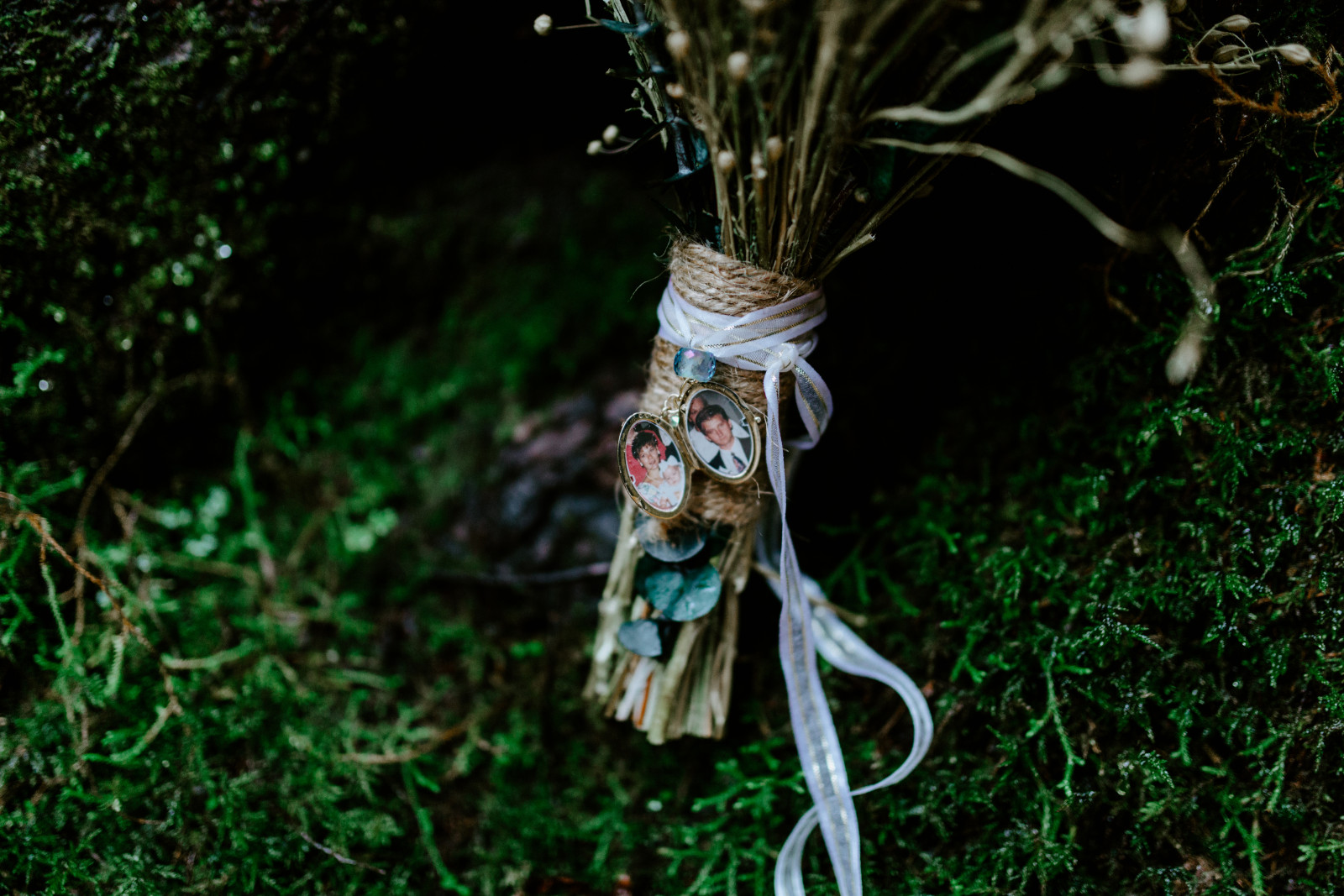 A locket on Mollie's flowers. Elopement photography in the Olympic National Park by Sienna Plus Josh.