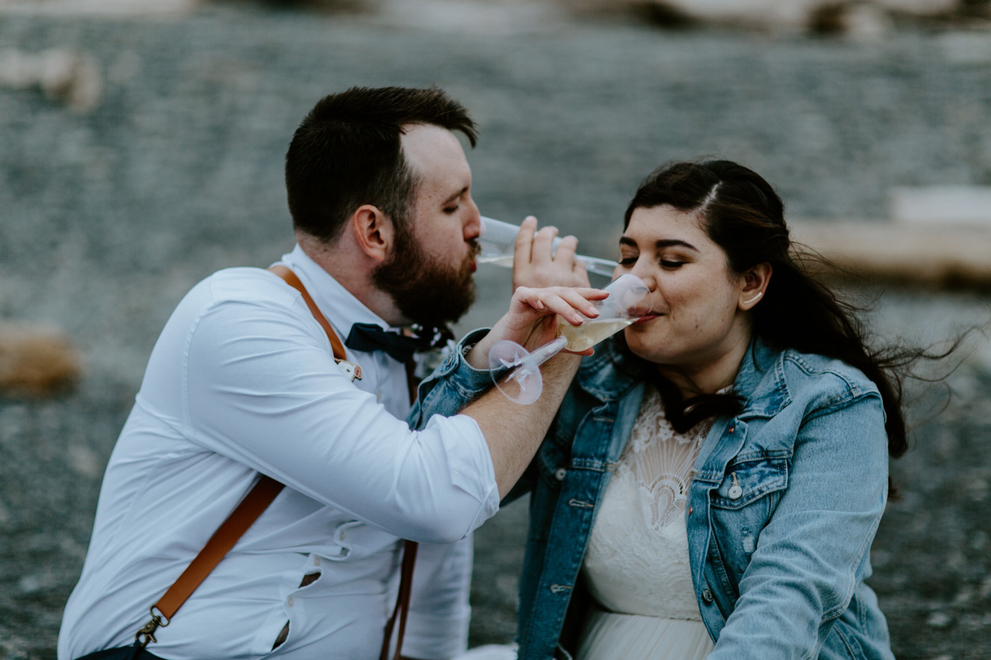 Brooke and Jack drinking champagne. Elopement photography at Olympic National Park by Sienna Plus Josh.