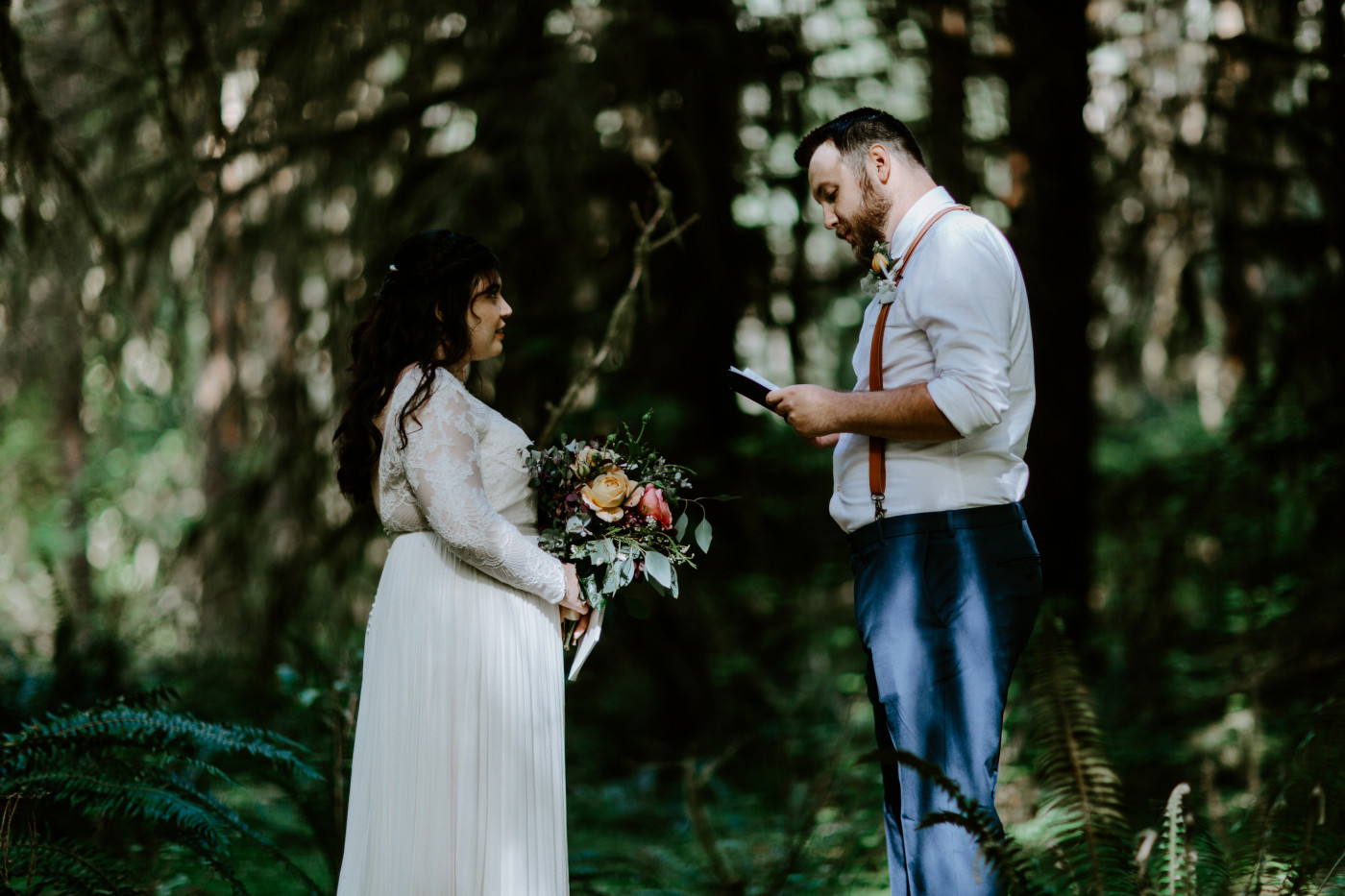 Brooke and Jack take a moment to talk near the stream. Elopement photography at Olympic National Park by Sienna Plus Josh.