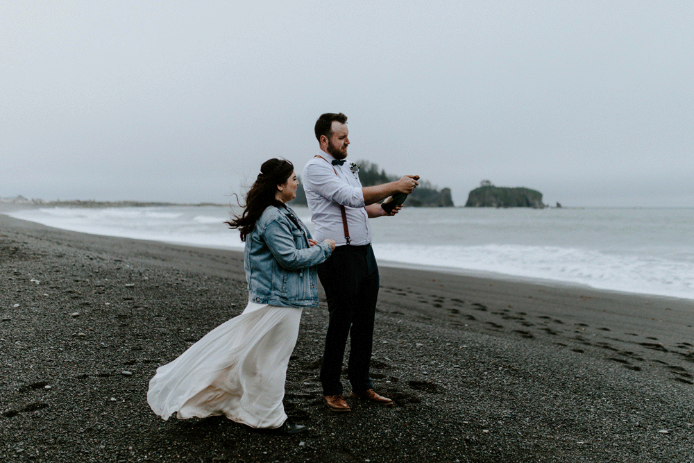 A gif of Brooke and Jack popping champagne. Elopement photography at Olympic National Park by Sienna Plus Josh.