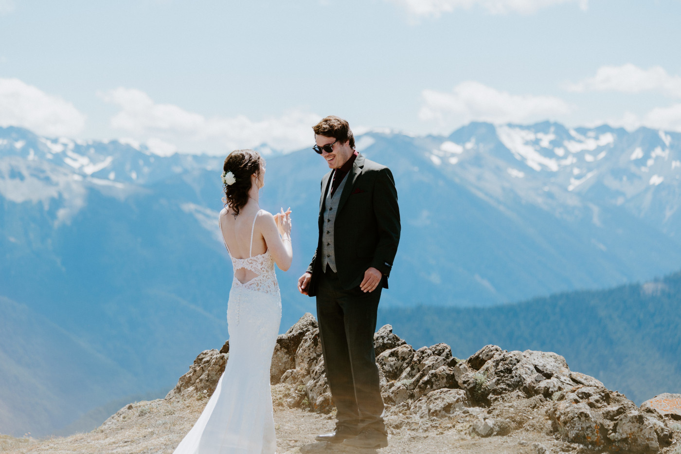 Adrielle and Coty do a first look before their elopement at Olympic National Park, Washington.