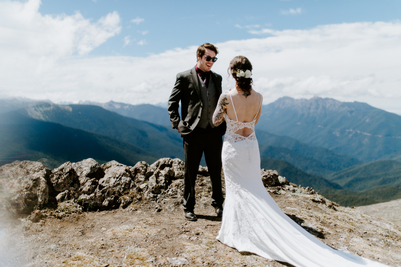 Coty reacts to Adrielle in her bridal dress at Olympic National Park, Washington.