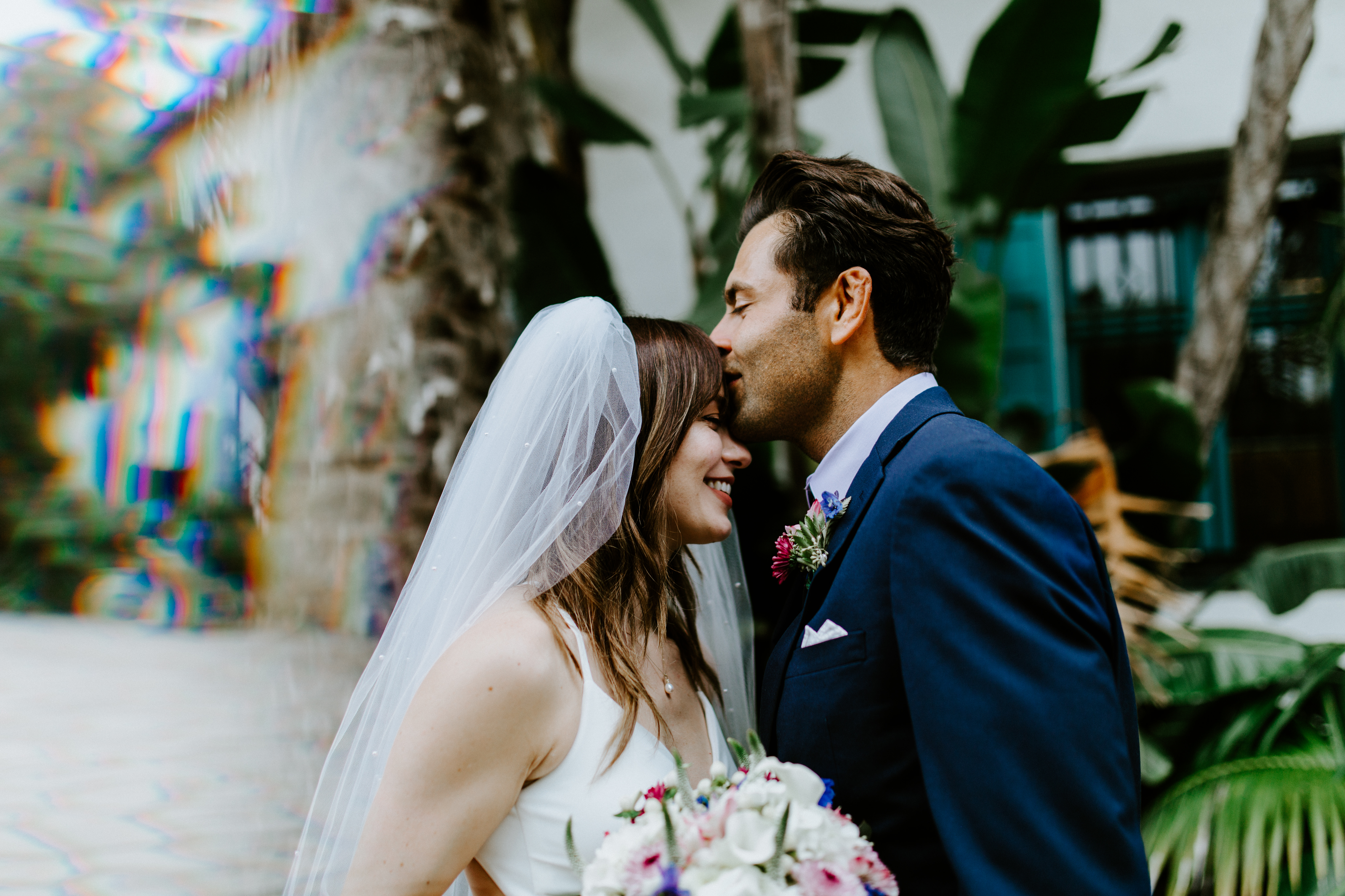 A newlywed elopement couple stands together in Santa Barbara, California.