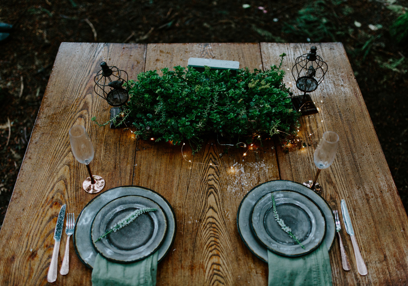 A dinner table set at Skamania House, Washington. Elopement photography in Portland Oregon by Sienna Plus Josh.