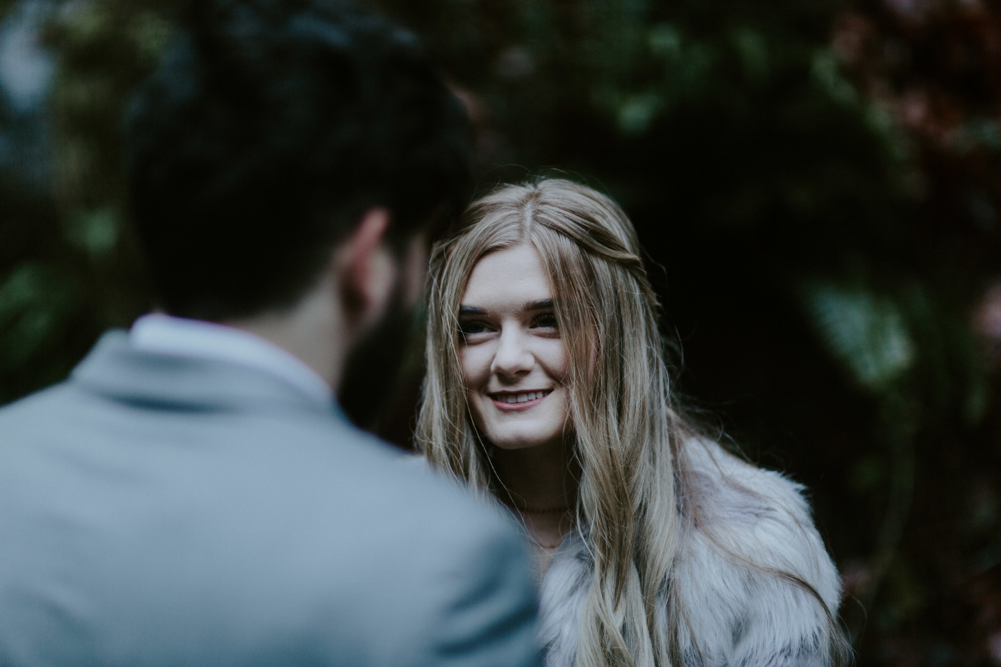 Tyanna smiles at Boris. Adventure elopement in the Columbia River Gorge by Sienna Plus Josh.