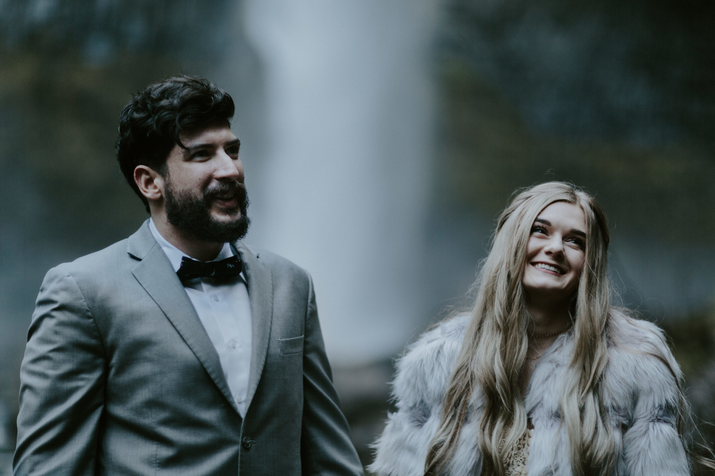 Tyanna and Boris smile at their officiant. Adventure elopement in the Columbia River Gorge by Sienna Plus Josh.