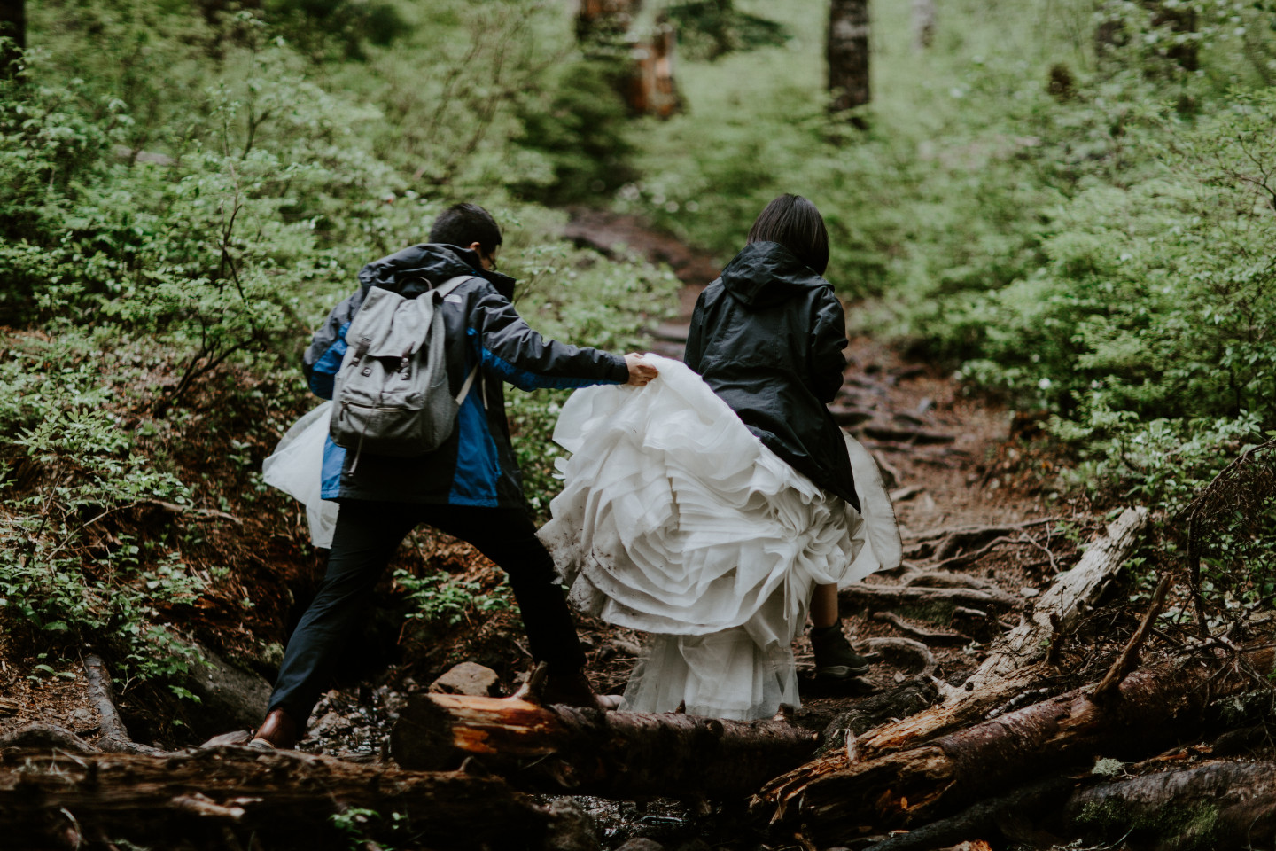 Alex and Valerie hike up the trail towards Mount Hood. Elopement wedding photography at Mount Hood by Sienna Plus Josh.