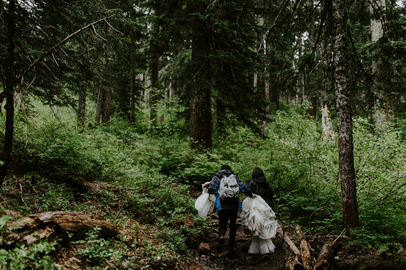 Valerie and Alex hike toward Mount Hood. Elopement wedding photography at Mount Hood by Sienna Plus Josh.