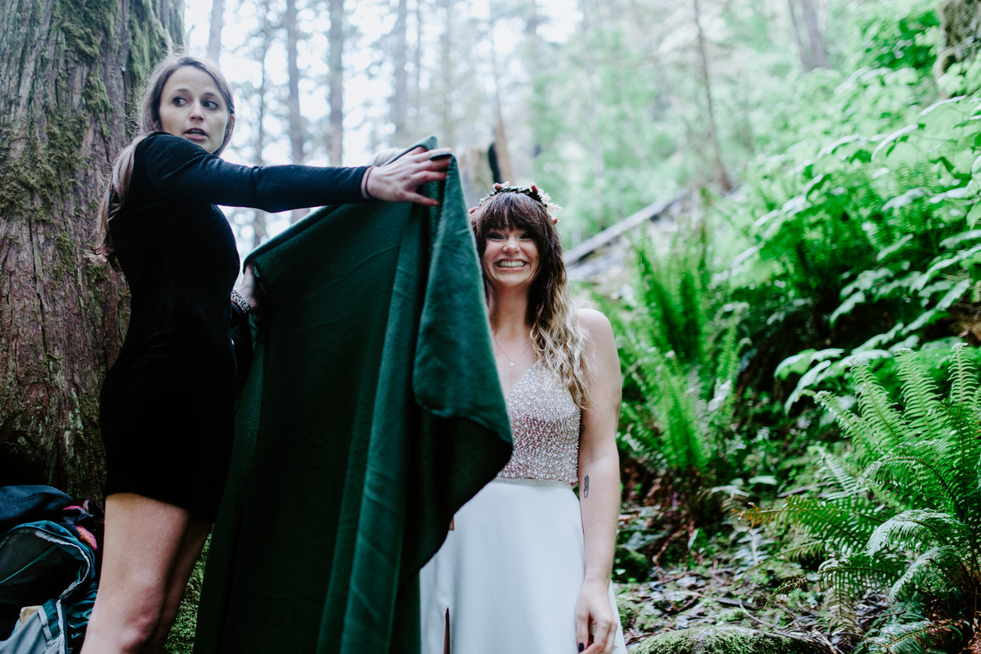Jordan being revealed in her dress for her elopement at Wahclella Falls.