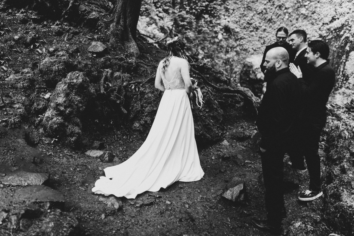 Jordan makes her way down to Andrew at Wahclella Falls to being their elopement ceremony.